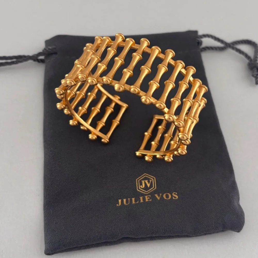 Gold Bamboo-Inspired Wide Cuff Bracelet - Women Jewelry - Picture 4 of 6